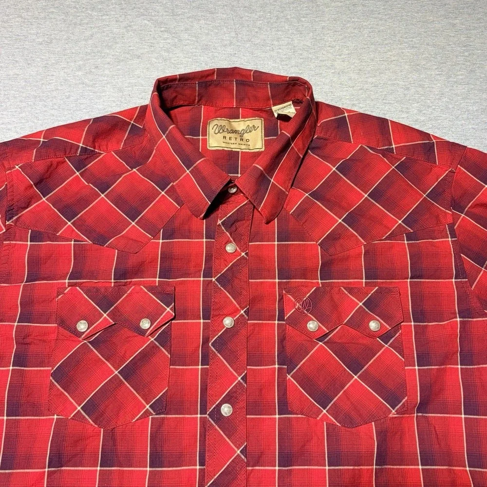 Wrangler Retro Shirt 2XLT Blue Red Western Pearl Snap Sawtooth Pocket - Mens 2XT